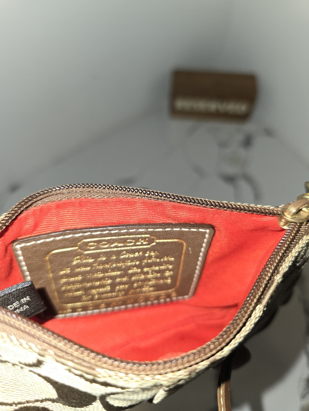 Coach Signature C Jacquard Wine Khaki Brown Satin Border Wristlet Zip  #40028 - Picture 4 of 4